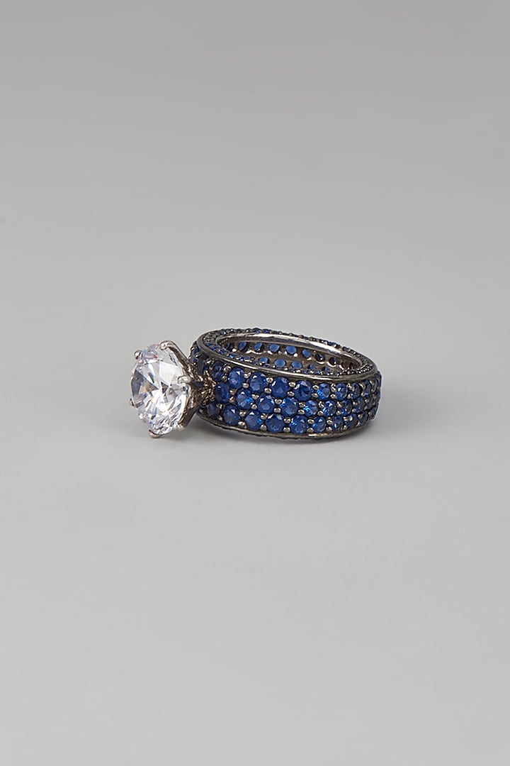 White Finish Blue & White Swarovski Zircon Ring In Sterling Silver by Diosa Paris Jewellery at Pernia's Pop Up Shop