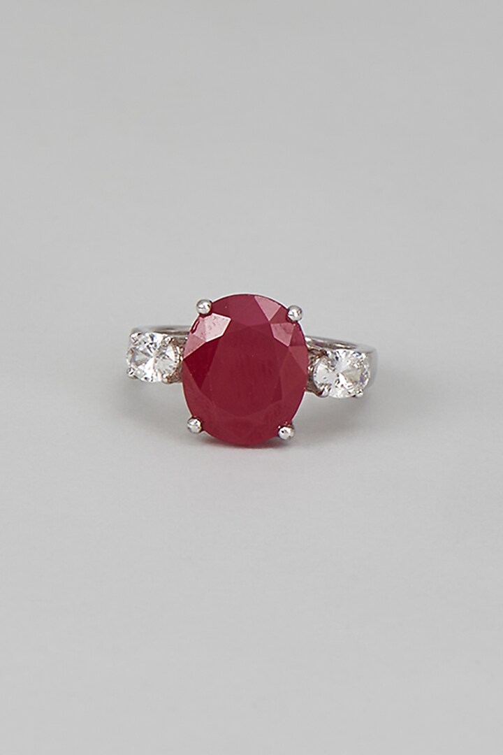 White Finish Swarovski Zircon & Red Synthetic Stone Oval Cut Ring In Sterling Silver by Diosa Paris Jewellery at Pernia's Pop Up Shop