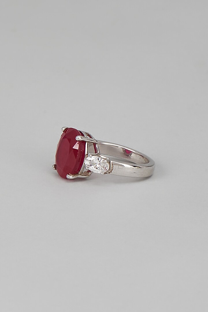 White Finish Swarovski Zircon & Red Synthetic Stone Oval Cut Ring In Sterling Silver by Diosa Paris Jewellery at Pernia's Pop Up Shop