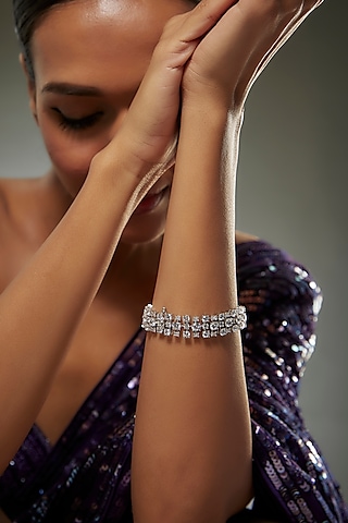 White Finish Swarovski Zircon Round Cut Bracelet In Sterling Silver by Diosa Paris Jewellery