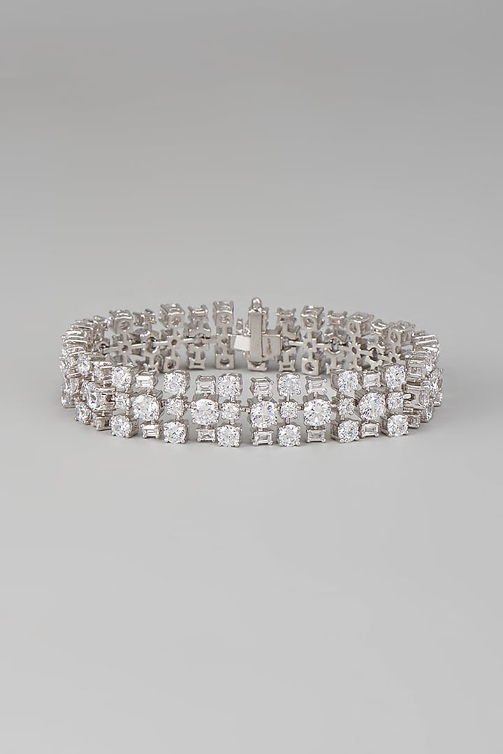 White Finish Swarovski Zircon Round Cut Bracelet In Sterling Silver by Diosa Paris Jewellery at Pernia's Pop Up Shop
