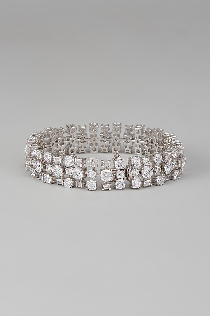 White Finish Swarovski Zircon Round Cut Bracelet In Sterling Silver by Diosa Paris Jewellery at Pernia's Pop Up Shop