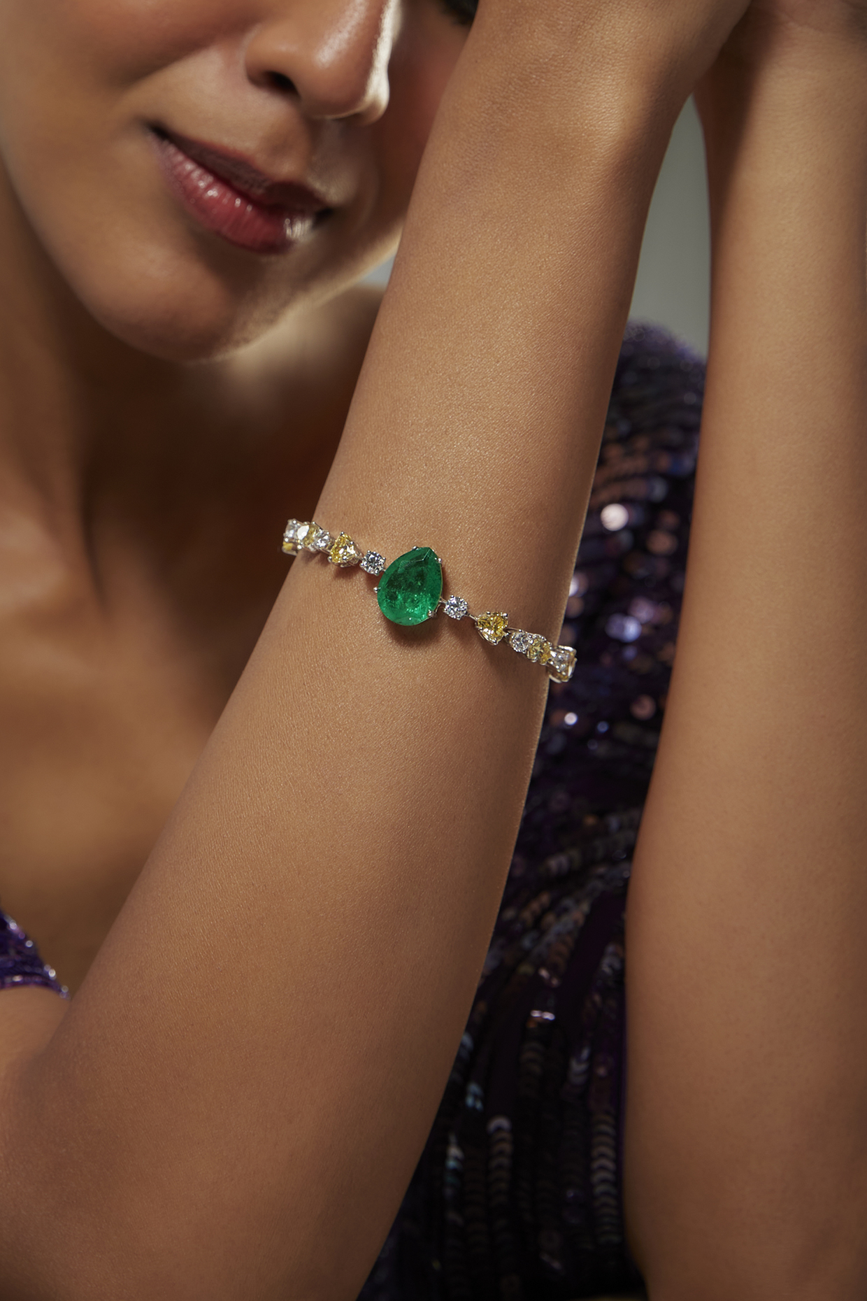 White Finish Swarovski Zircon & Green Synthetic Stone Bracelet In Sterling Silver by Diosa Paris Jewellery at Pernia's Pop Up Shop