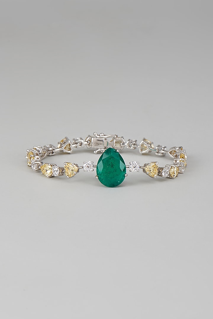 White Finish Swarovski Zircon & Green Synthetic Stone Bracelet In Sterling Silver by Diosa Paris Jewellery at Pernia's Pop Up Shop