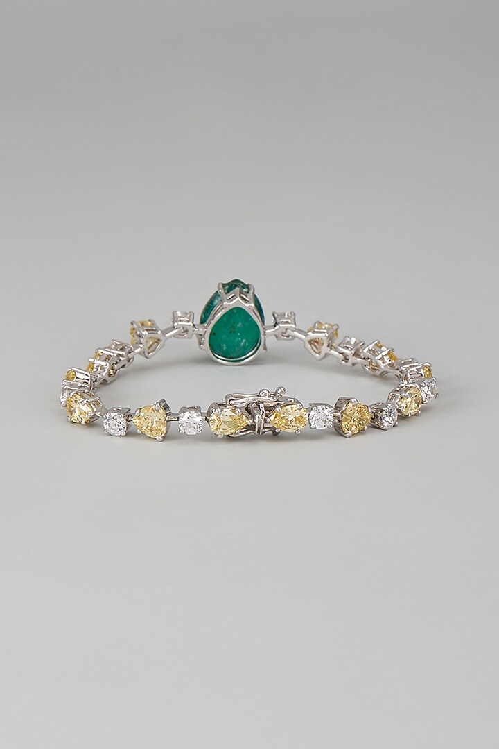 White Finish Swarovski Zircon & Green Synthetic Stone Bracelet In Sterling Silver by Diosa Paris Jewellery at Pernia's Pop Up Shop