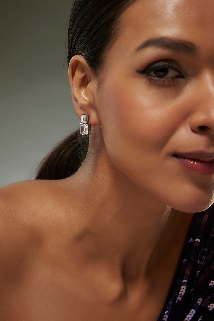 White Finish Swarovski Zircon Dangler Earrings In Sterling Silver by Diosa Paris Jewellery at Pernia's Pop Up Shop
