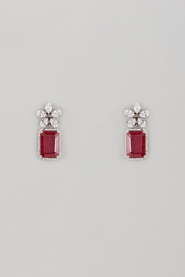 White Finish Swarovski Zircon & Ruby Synthetic Stone Dangler Earrings In Sterling Silver by Diosa Paris Jewellery at Pernia's Pop Up Shop
