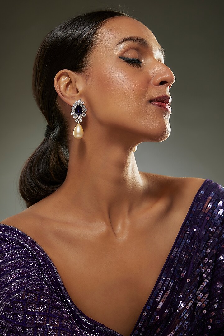 White Finish Swarovski Zircon & Sapphire Synthetic Stone Dangler Earrings In Sterling Silver by Diosa Paris Jewellery at Pernia's Pop Up Shop