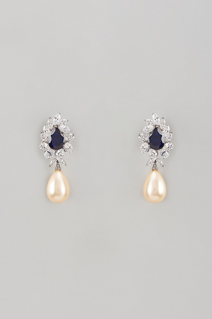 White Finish Swarovski Zircon & Sapphire Synthetic Stone Dangler Earrings In Sterling Silver by Diosa Paris Jewellery at Pernia's Pop Up Shop