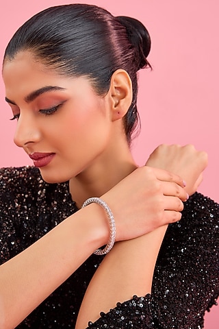 Silver Finish White Stone Bangle In Sterling Silver by Diosa Paris Jewellery