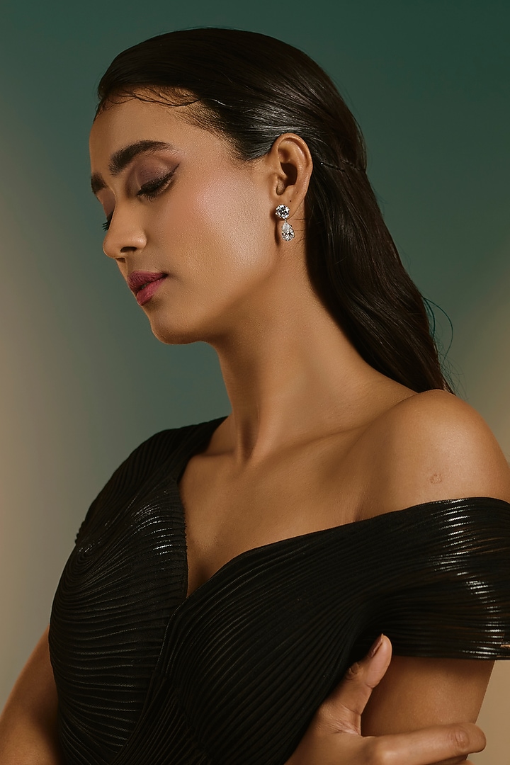 White Finish White Stone Stud Earrings In Sterling Silver by Diosa Paris Jewellery at Pernia's Pop Up Shop