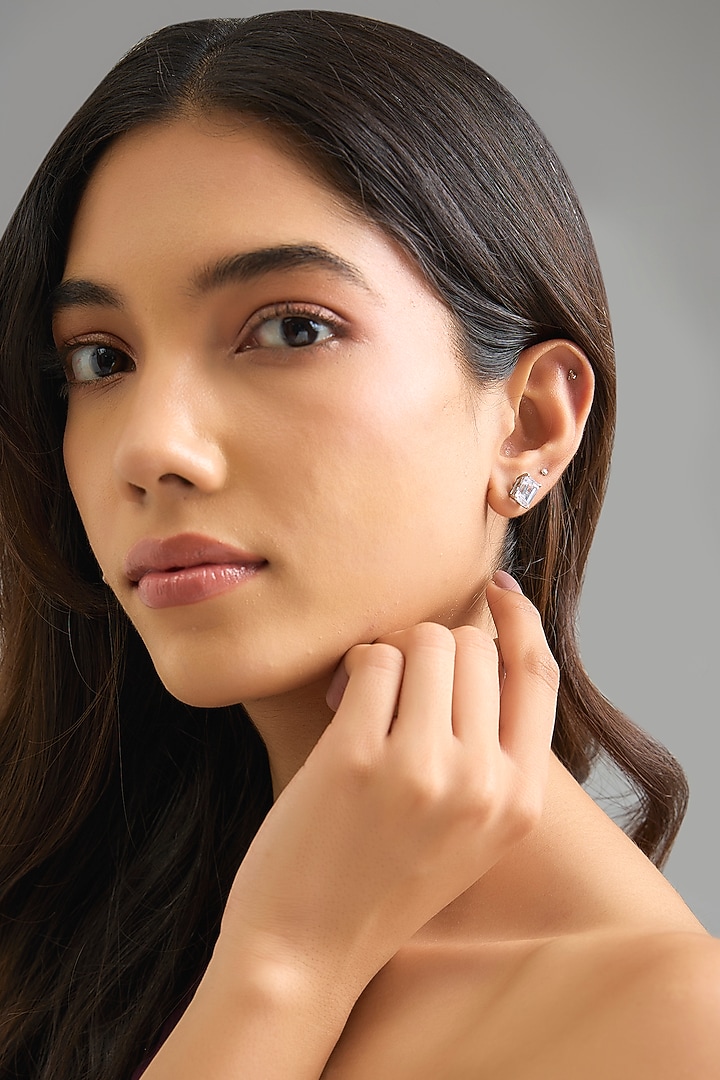 White Finish White Stone Stud Earrings In Sterling Silver by Diosa Paris Jewellery at Pernia's Pop Up Shop