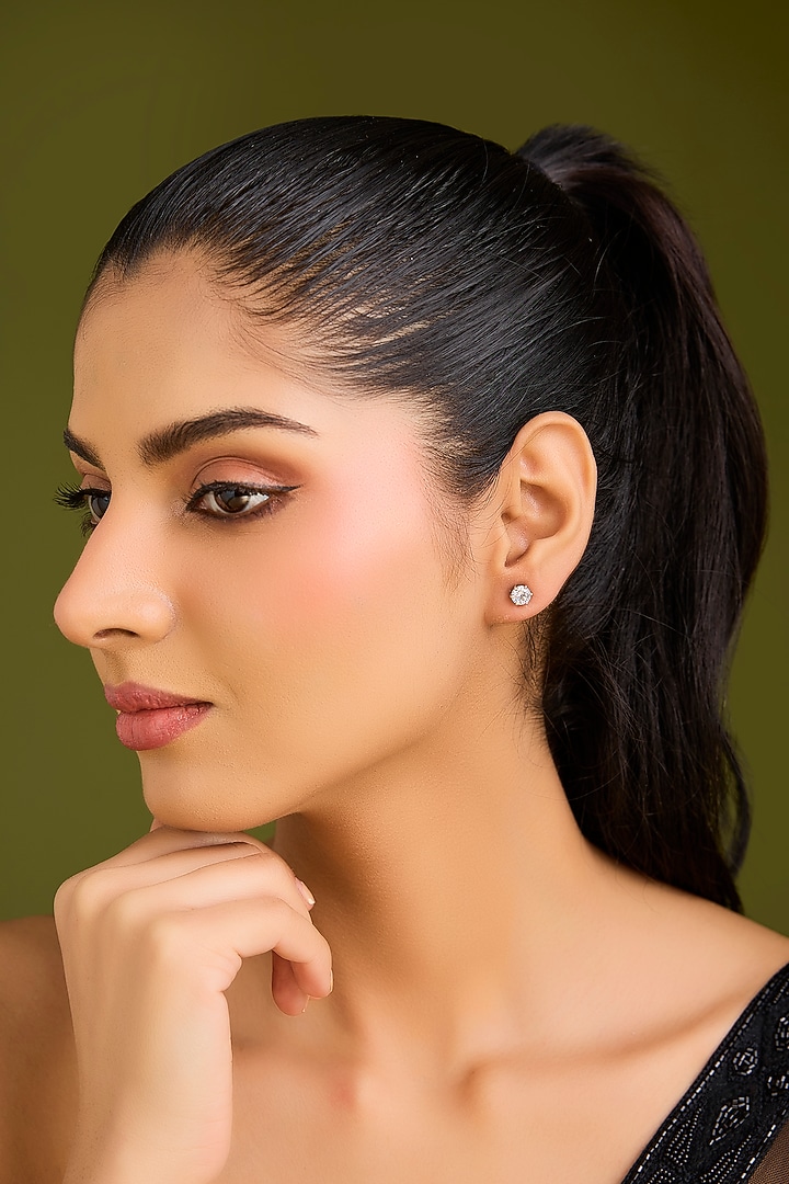 White Finish White Stone Stud Earrings In Sterling Silver by Diosa Paris Jewellery at Pernia's Pop Up Shop