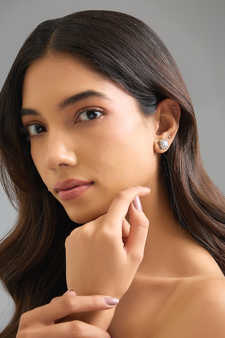 White Finish White Stone Stud Earrings In Sterling Silver by Diosa Paris Jewellery at Pernia's Pop Up Shop