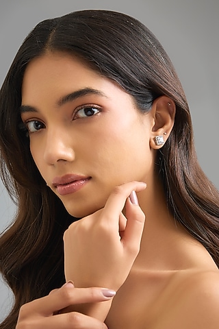 White Finish White Stone Stud Earrings In Sterling Silver by Diosa Paris Jewellery