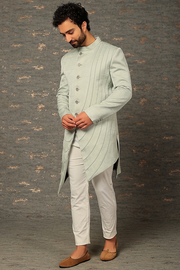 Sea Green Polyester Indo-Western Jacket Set by DEEPAK & MADHU