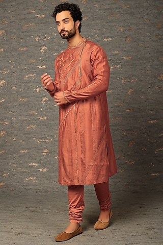 Brick Orange Silk Kurta Set by DEEPAK & MADHU