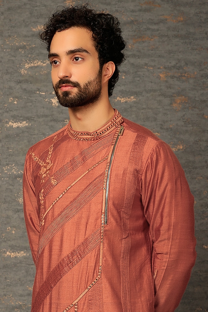 Brick Orange Silk Kurta Set by DEEPAK & MADHU at Pernia's Pop Up Shop