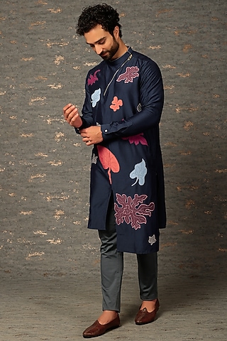 Navy Blue Embroidered Kurta Set by DEEPAK & MADHU