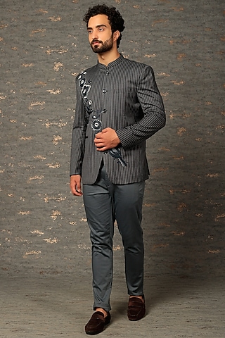 Grey Polyester Bandhgala Set by DEEPAK & MADHU