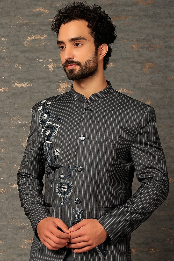 Grey Polyester Bandhgala Set by DEEPAK & MADHU at Pernia's Pop Up Shop
