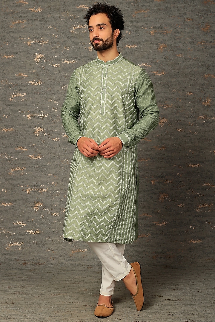 Green Silk Kurta Set by DEEPAK & MADHU