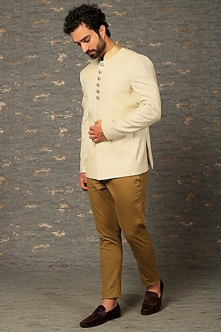 Beige Polyester Bandhgala Set by DEEPAK & MADHU