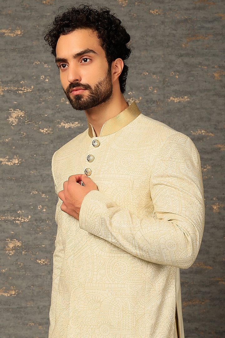 Beige Polyester Bandhgala Set by DEEPAK & MADHU at Pernia's Pop Up Shop