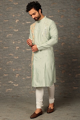 Sea Green Embroidered Kurta Set by DEEPAK & MADHU