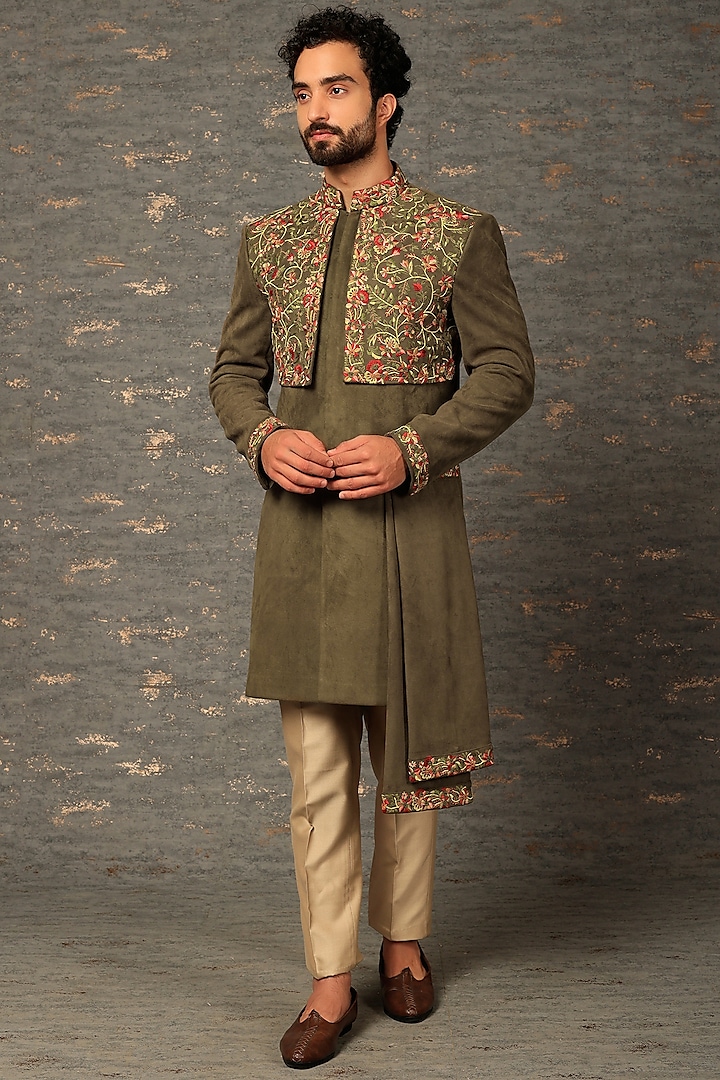 Mehendi Green Embroidered Indo-Western Jacket Set by DEEPAK & MADHU