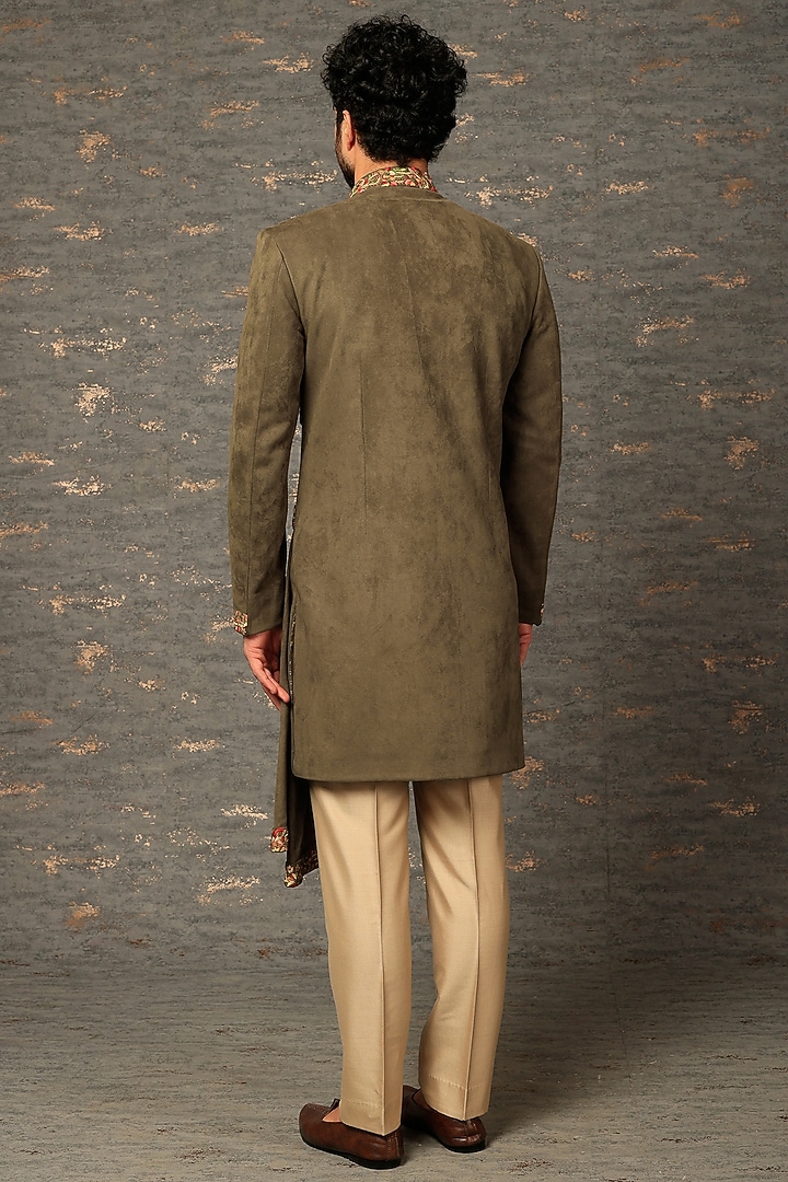 Mehendi Green Embroidered Indo-Western Jacket Set by DEEPAK & MADHU at Pernia's Pop Up Shop