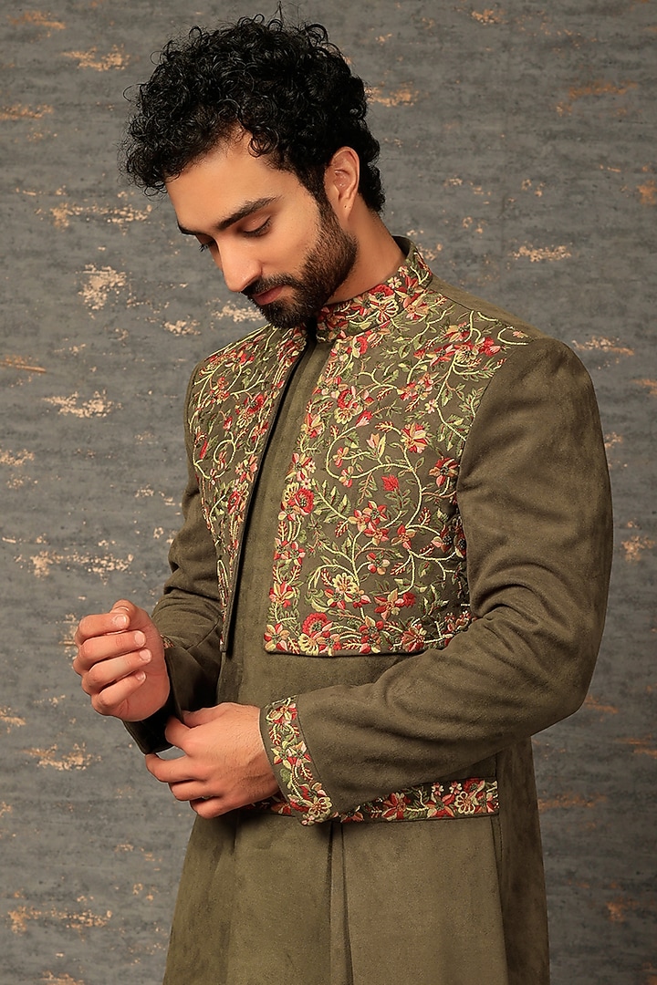 Mehendi Green Embroidered Indo-Western Jacket Set by DEEPAK & MADHU at Pernia's Pop Up Shop