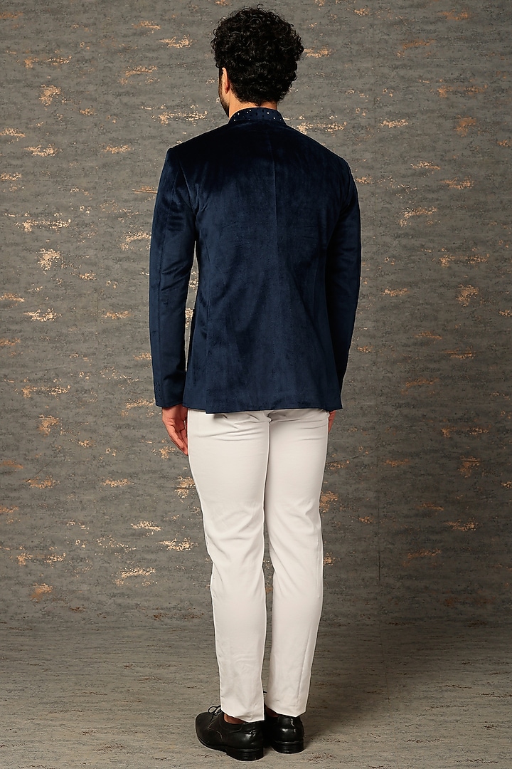 Midnight Blue Suede Velvet Wedding Bandhgala Set by DEEPAK & MADHU at Pernia's Pop Up Shop