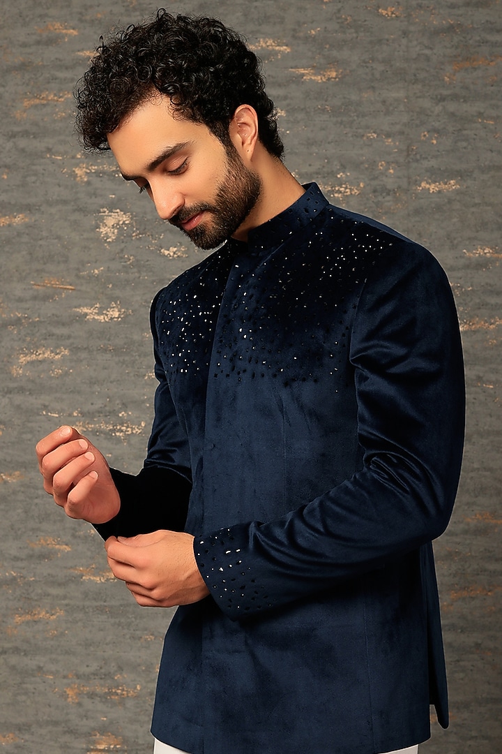 Midnight Blue Suede Velvet Wedding Bandhgala Set by DEEPAK & MADHU at Pernia's Pop Up Shop