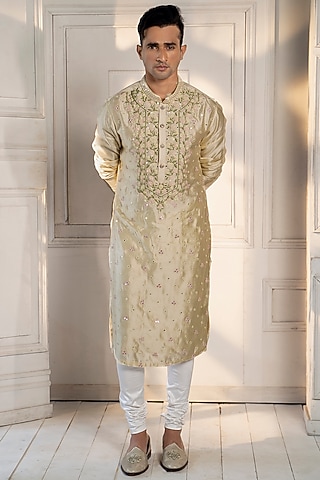 Light Yellow Silk Embroidered Kurta Set by DEEPAK & MADHU