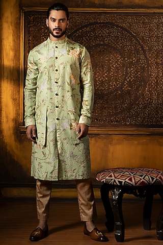Green & Multi-Colored Floral Printed Kurta Set by DEEPAK & MADHU