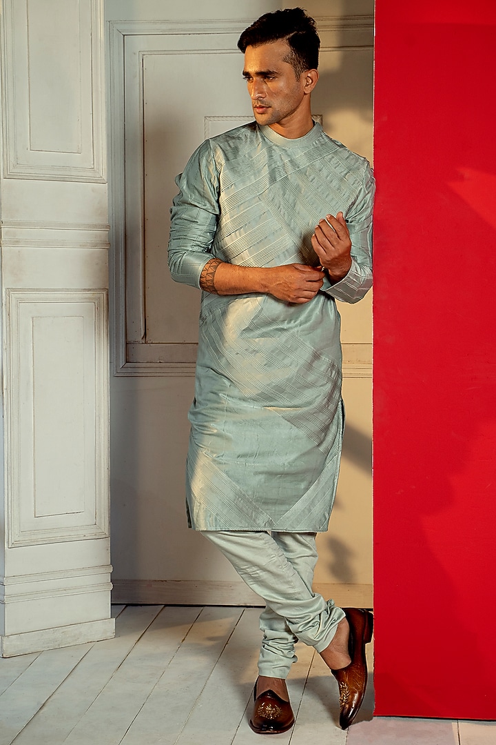 Sea Green Silk Kurta Set by DEEPAK & MADHU at Pernia's Pop Up Shop