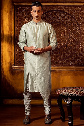 Sea Green Silk Asymmetrical Kurta Set by DEEPAK & MADHU