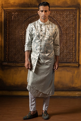 Powder Blue Jacquard Kurta Set by DEEPAK & MADHU