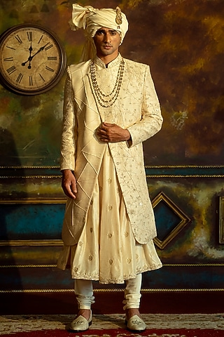 Beige Embroidered Sherwani Set by DEEPAK & MADHU