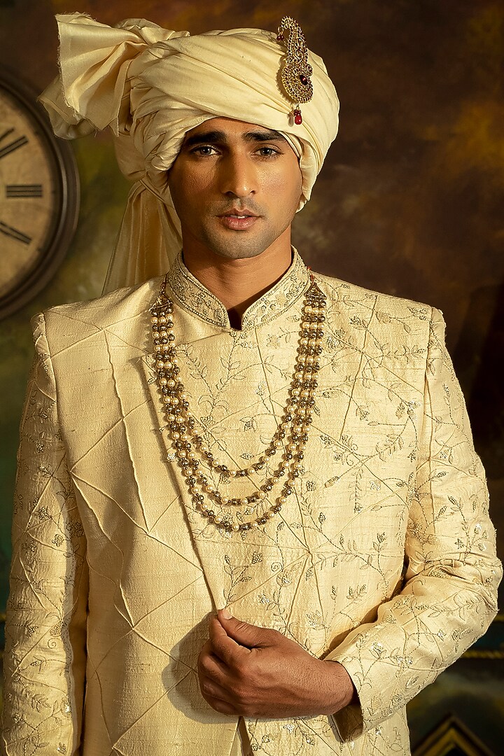 Beige Embroidered Groom Sherwani Set by DEEPAK & MADHU at Pernia's Pop Up Shop