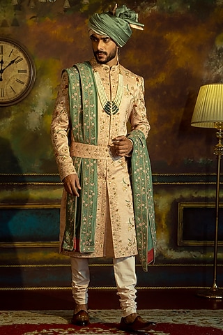 Dusty Rose Linen Silk Embroidered Sherwani Set by DEEPAK & MADHU