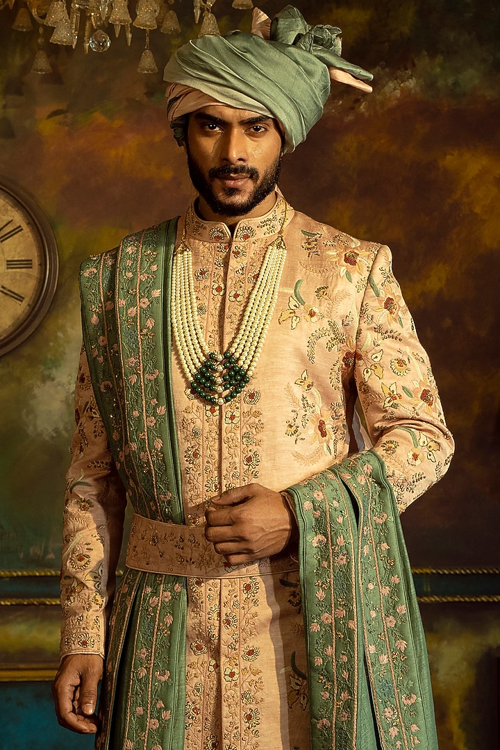 Dusty Rose Linen Silk Embroidered Groom Sherwani Set by DEEPAK & MADHU at Pernia's Pop Up Shop