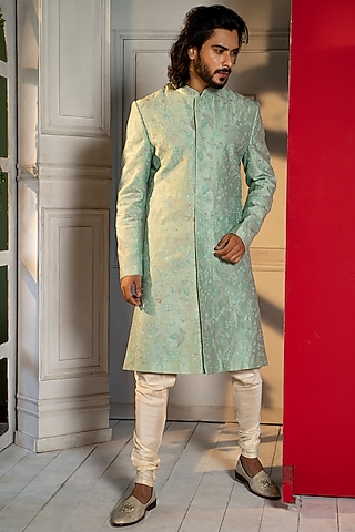 Sea Green Embroidered Sherwani Set by DEEPAK & MADHU