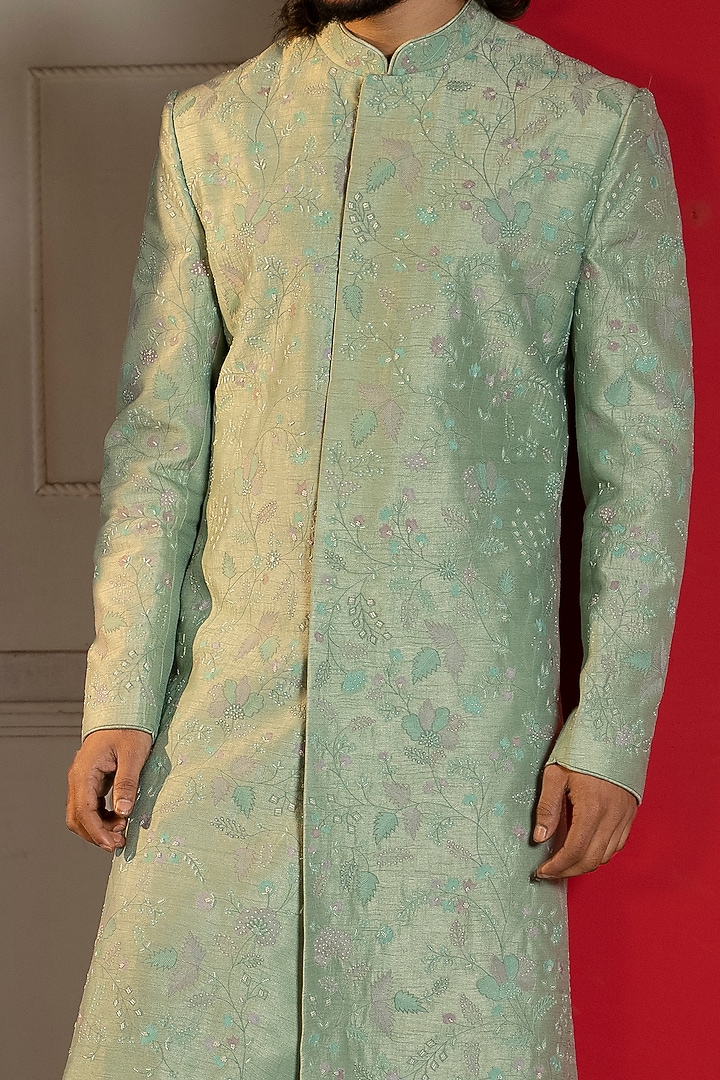 Sea Green Embroidered Wedding Sherwani Set by DEEPAK & MADHU at Pernia's Pop Up Shop