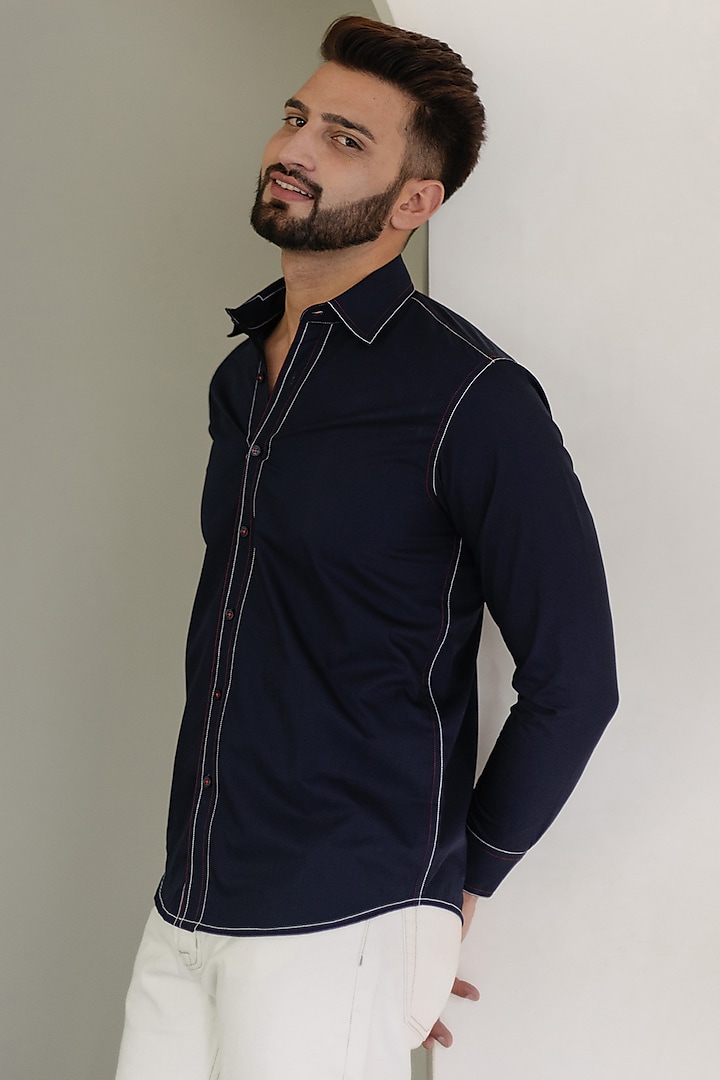 Navy Blue Cotton Shirt by DAMERRANO