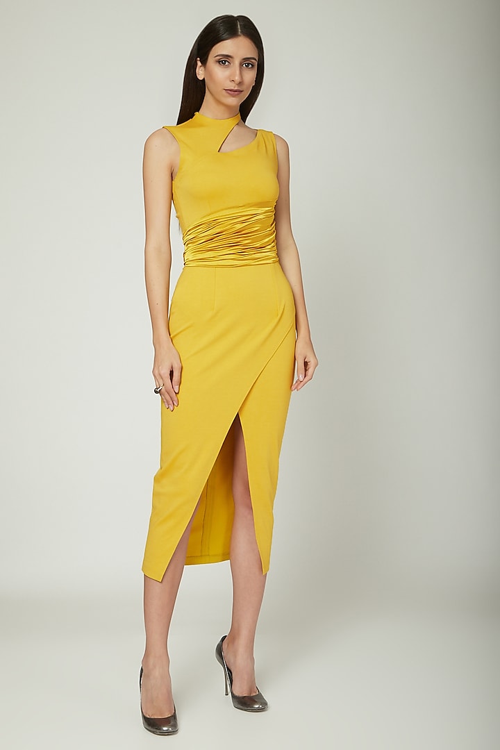 Yellow Bodycon Cut Out Dress by Sameer Madan