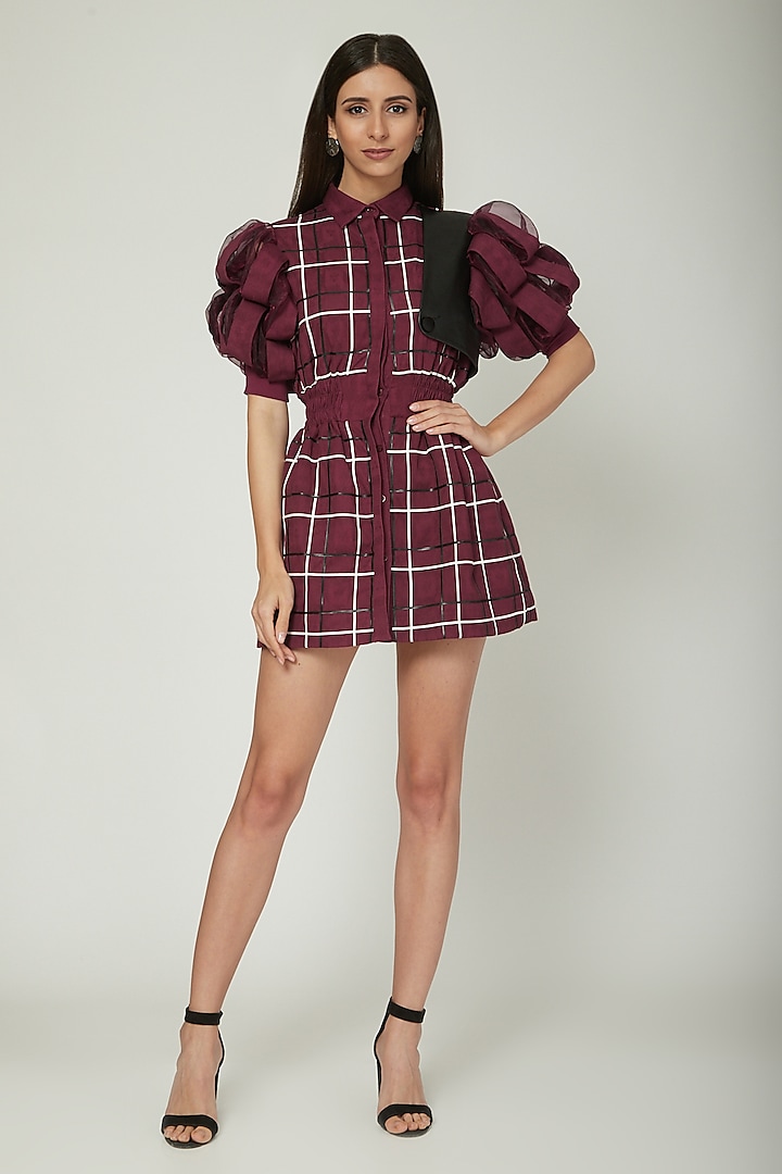 Purple Checkered Dress With Puffed Sleeves by Sameer Madan