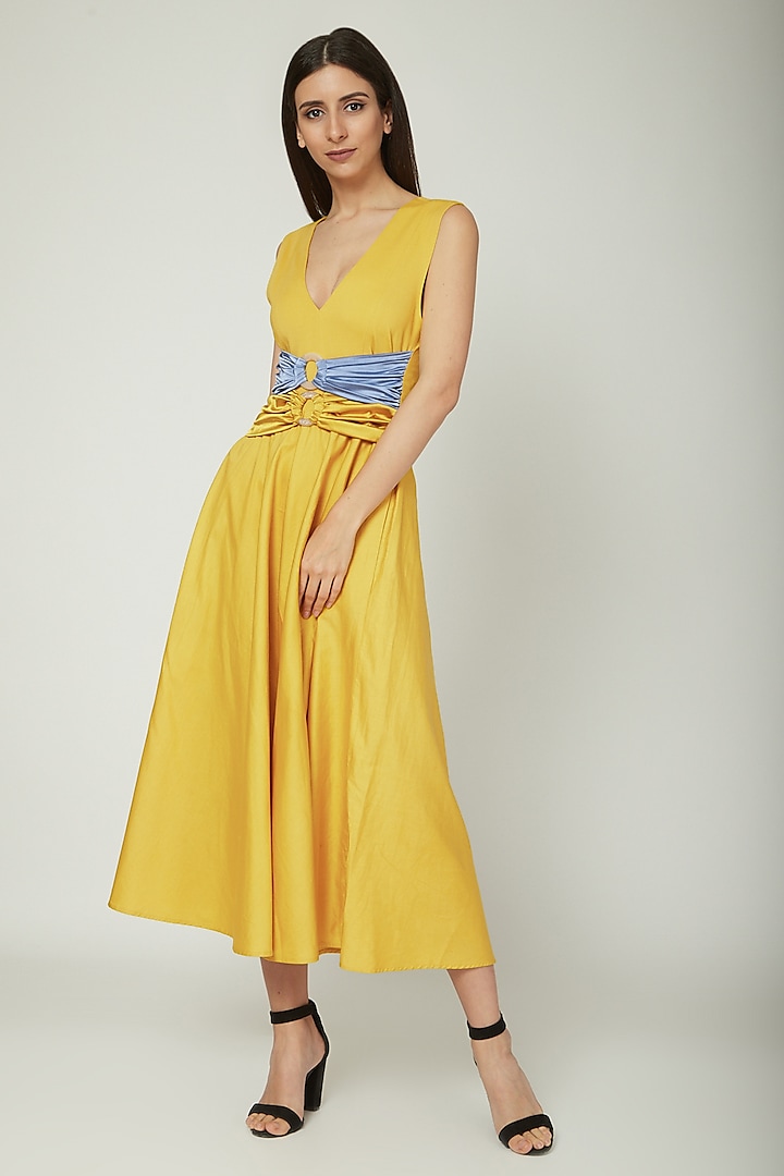 Yellow A-Line Dress With Loops by Sameer Madan