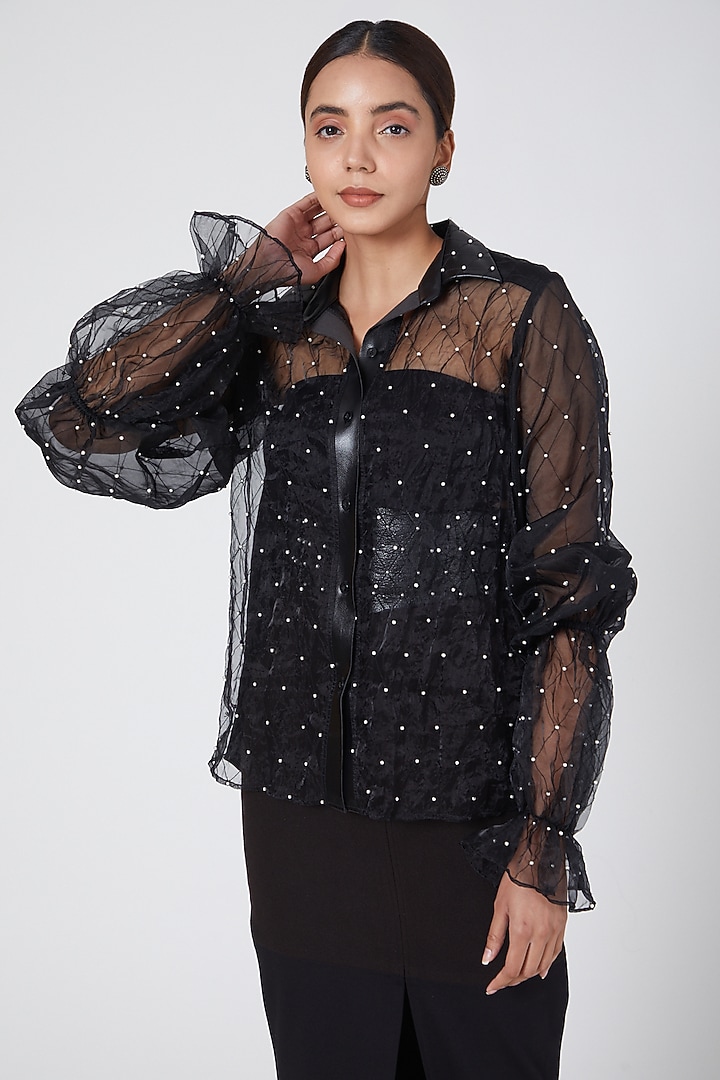 Black Embroidered Shirt by Sameer Madan at Pernia's Pop Up Shop